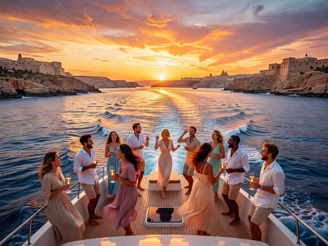 Boat party sunset in Malta ocean view