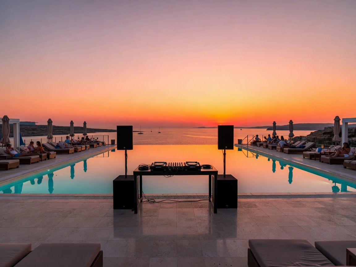 Cafe del Mar Malta infinity pool deck at sunset with DJ setup