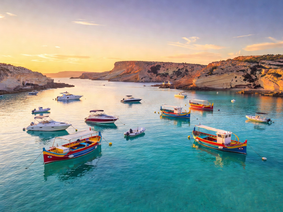 Turquoise water of Comino Blue Lagoon with party boat at sunset