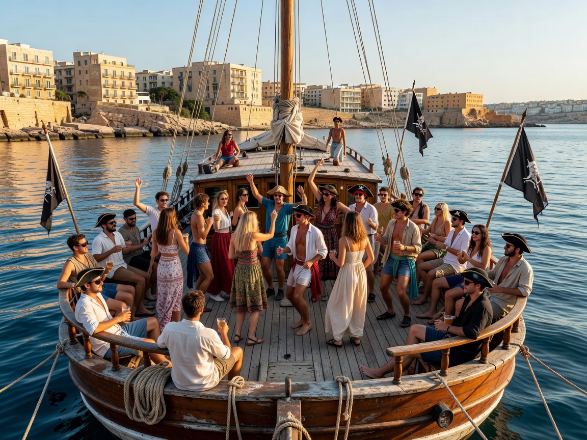 Sunset boat party in Sliema with people dancing on deck