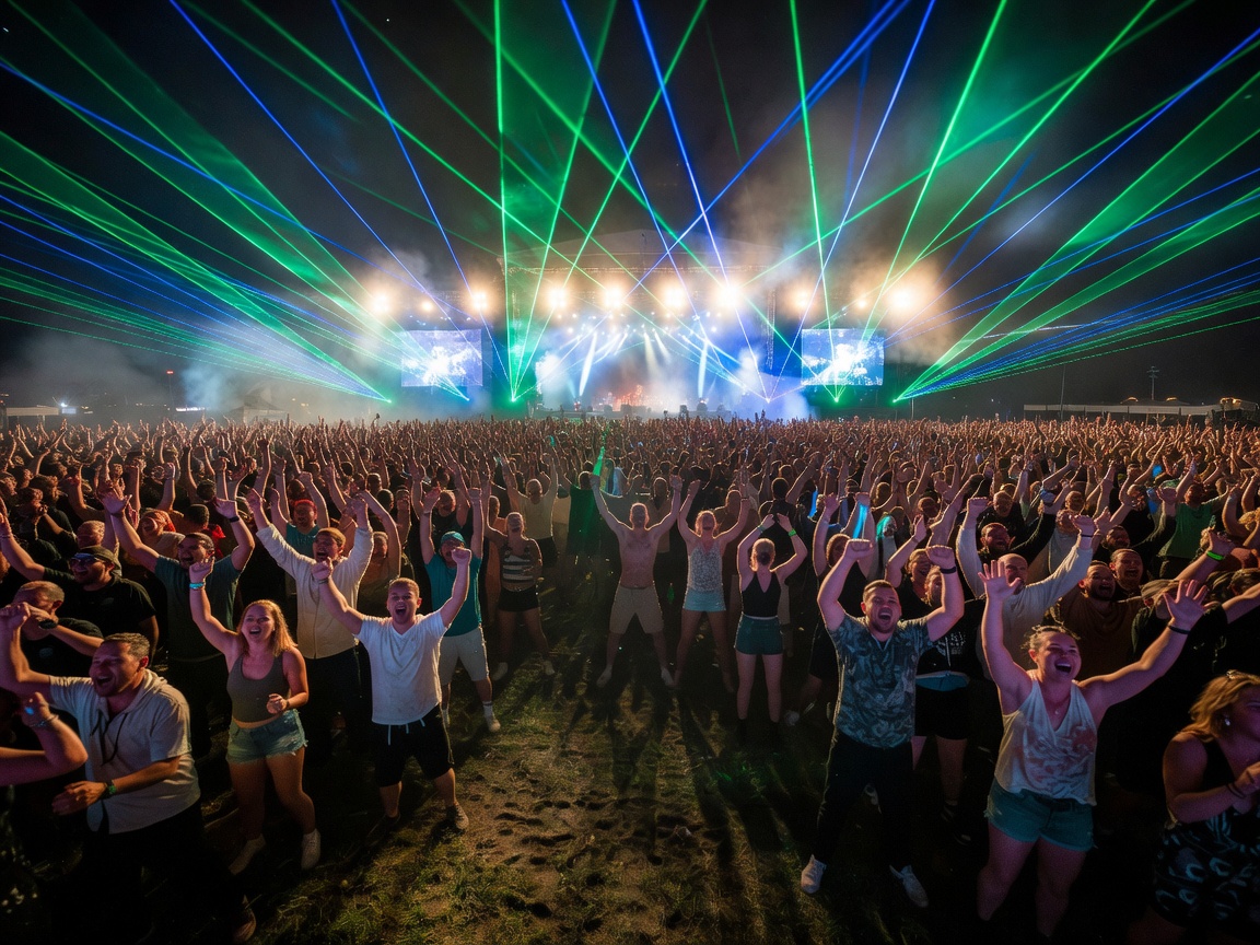 Gianpula Village main stage night illumination with stage lasers and crowd