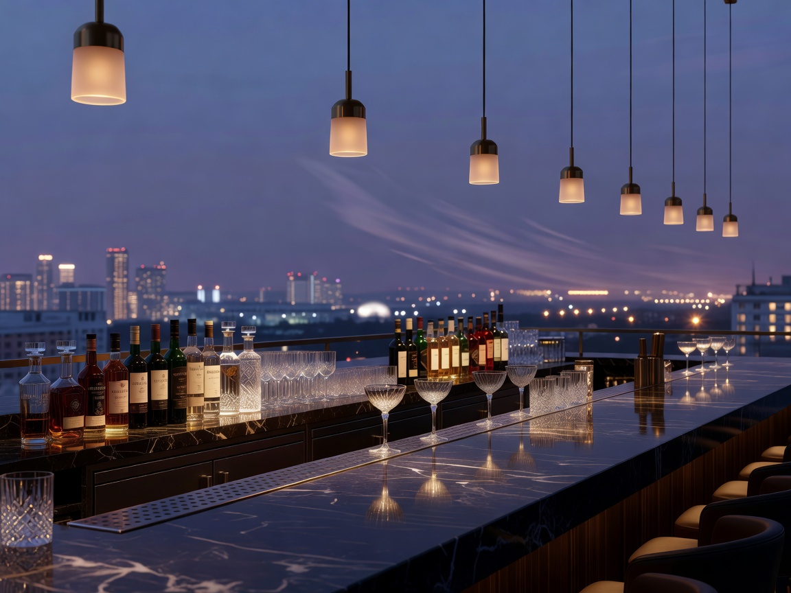 Luxurious TwentyTwo rooftop lounge bar counter overlooking St Julian's skyline