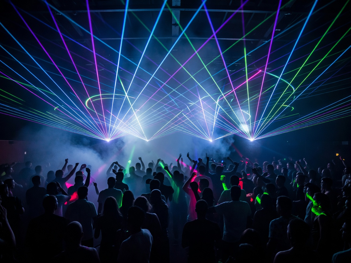 Laser light display over massive crowd at UNO Malta techno concert